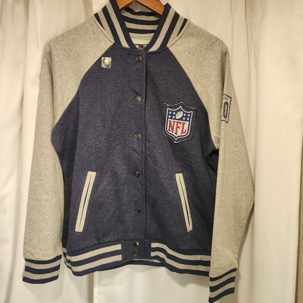 Womens NFL Varsity Jacket‎ Size Large Gray And Blue Snap Closure NFL Logo